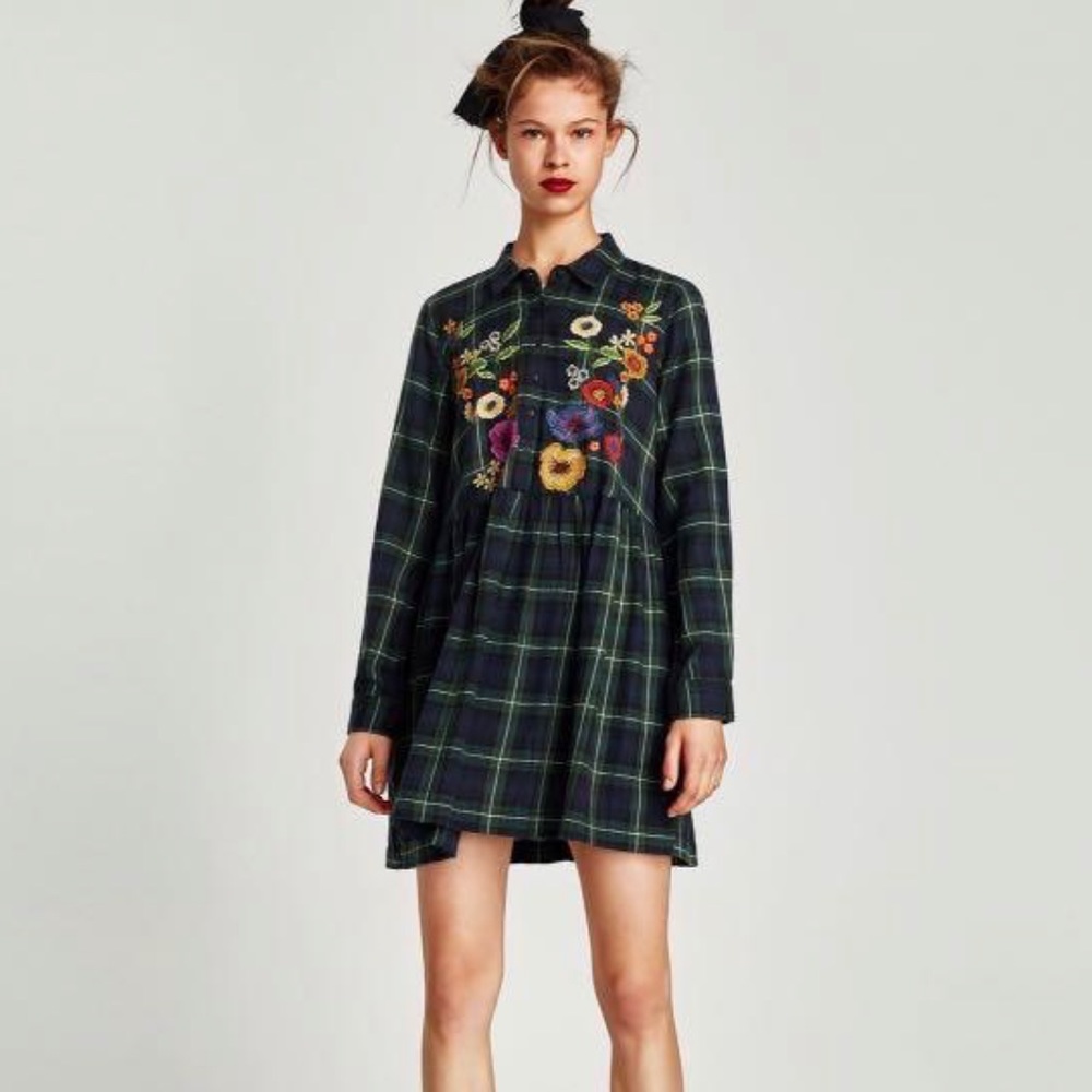 Zara Trafaluc Plaid and Floral Embroidered Flannel Mini Dress Green Blue Medium - Picture 4 of 7